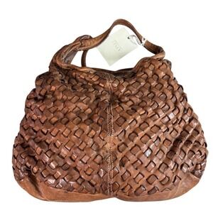 NWT Langellotti Handmade in Italy Woven Leather Hobo Cognac Brown Shoulder Bag